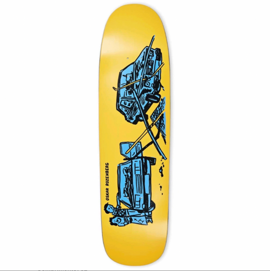 Yellow skateboard deck with black graphic design on a white background