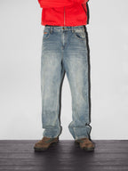 Relaxed Denim Jeans - Distressed Mid Blue