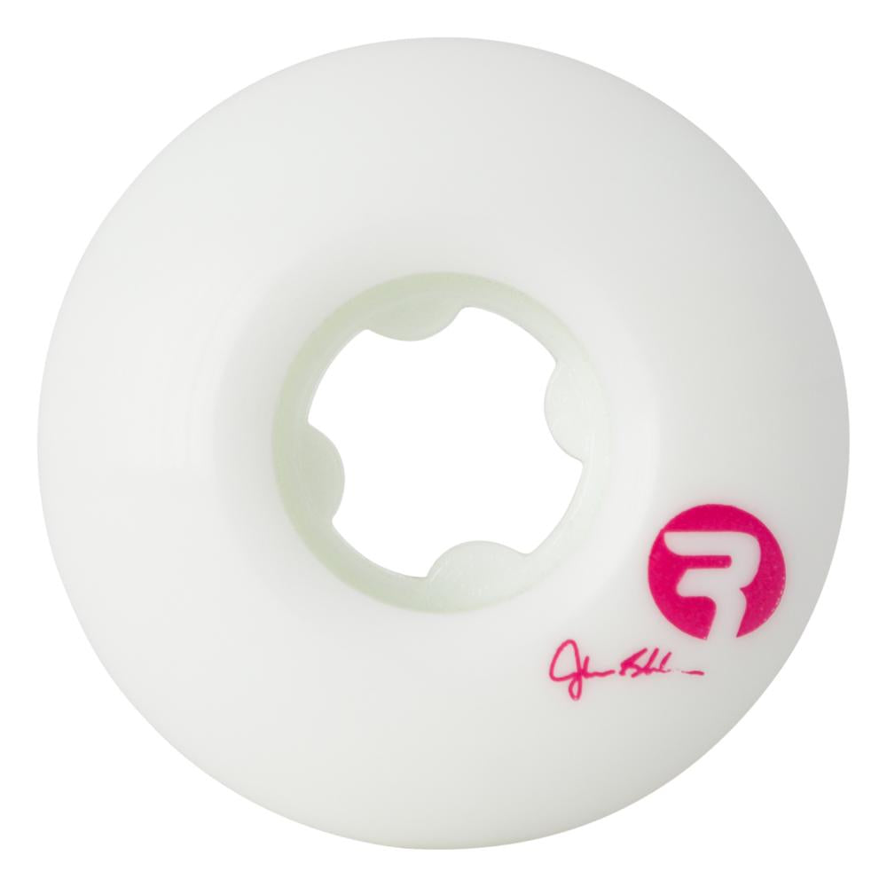 White skateboard wheel with a pink logo on a white background