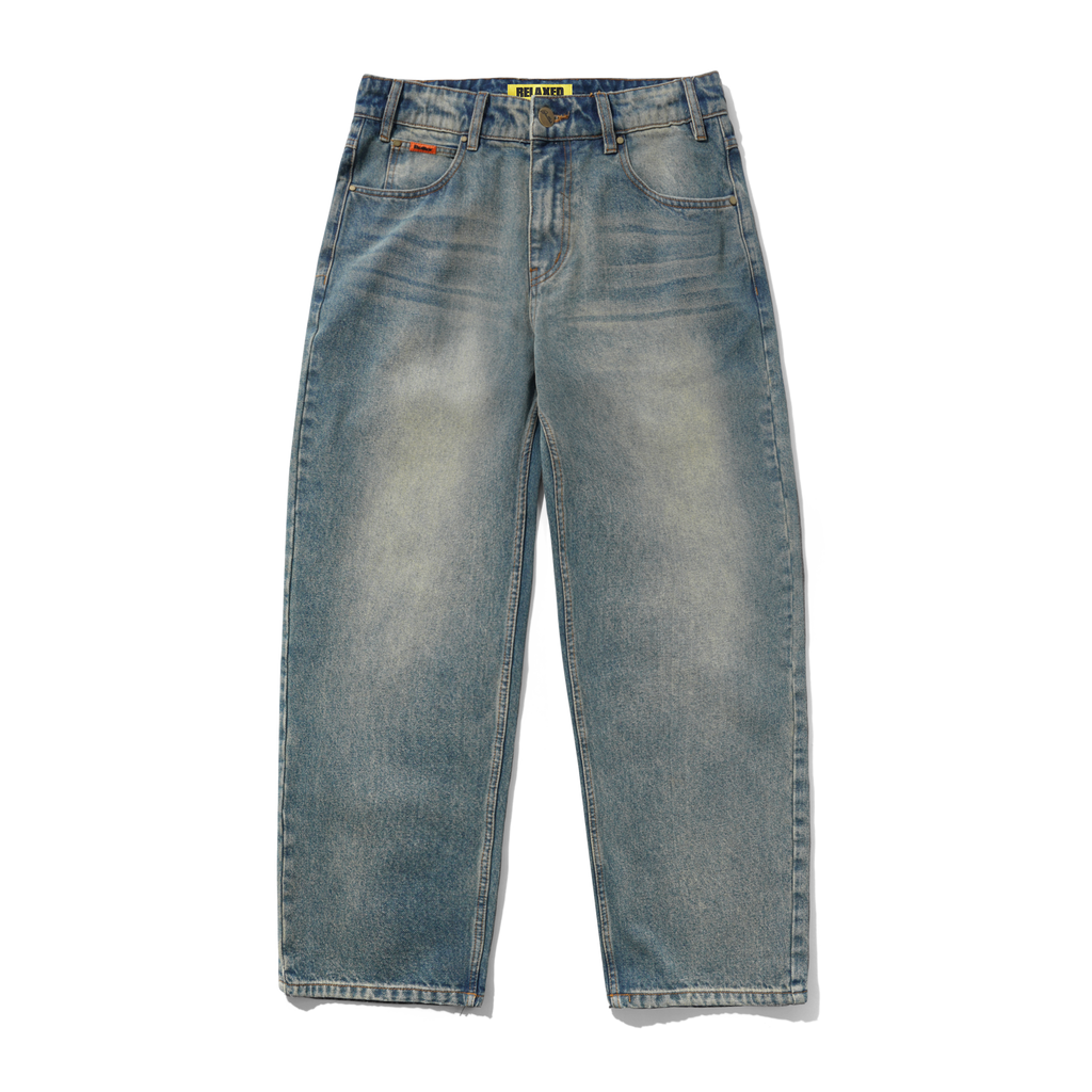 Relaxed Denim Jeans - Distressed Mid Blue
