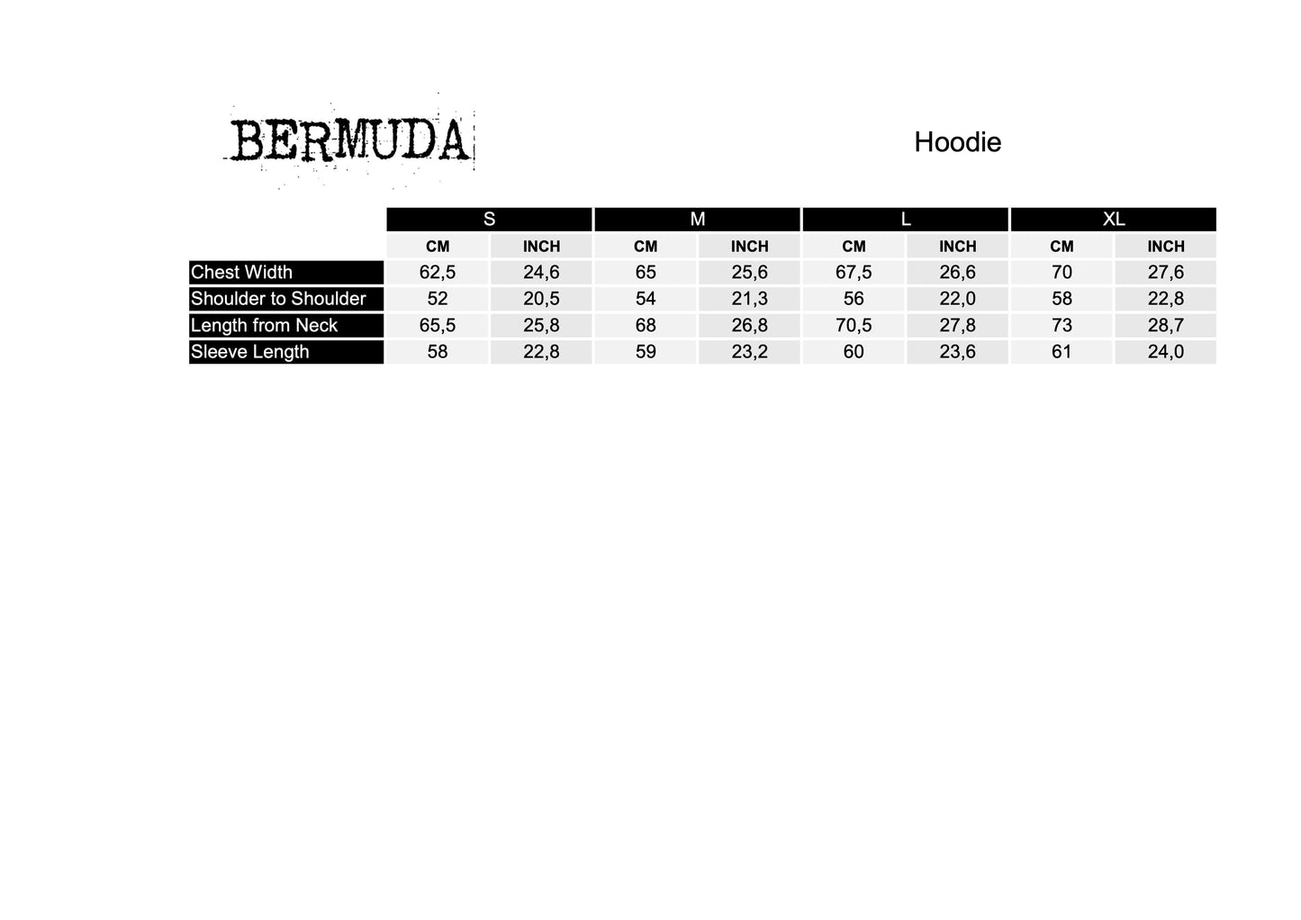 Size chart for Bermuda and Hoodie with measurements in centimeters and inches.