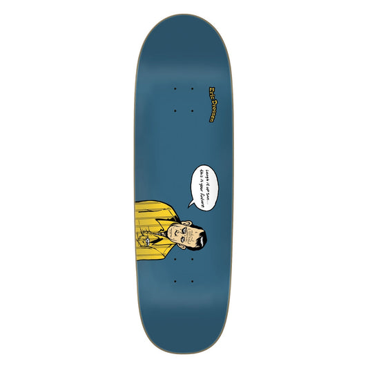 Skateboard deck with a graphic design of a person in a yellow raincoat on a blue background