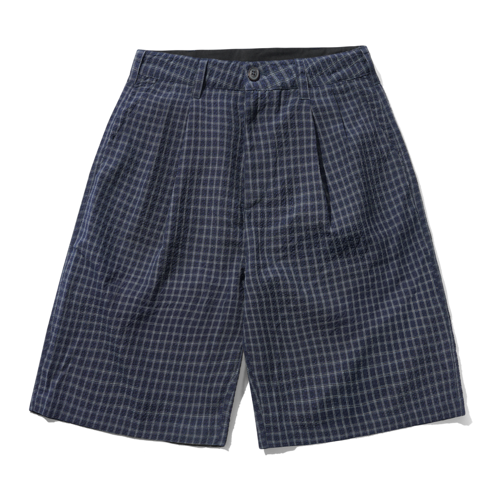 Seersucker Pleated Shorts - Navy Plaid