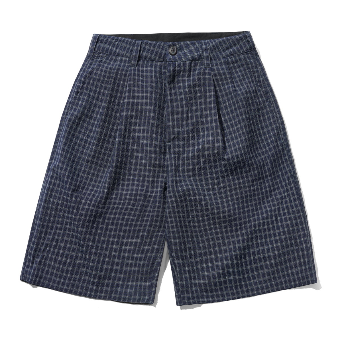 Seersucker Pleated Shorts - Navy Plaid