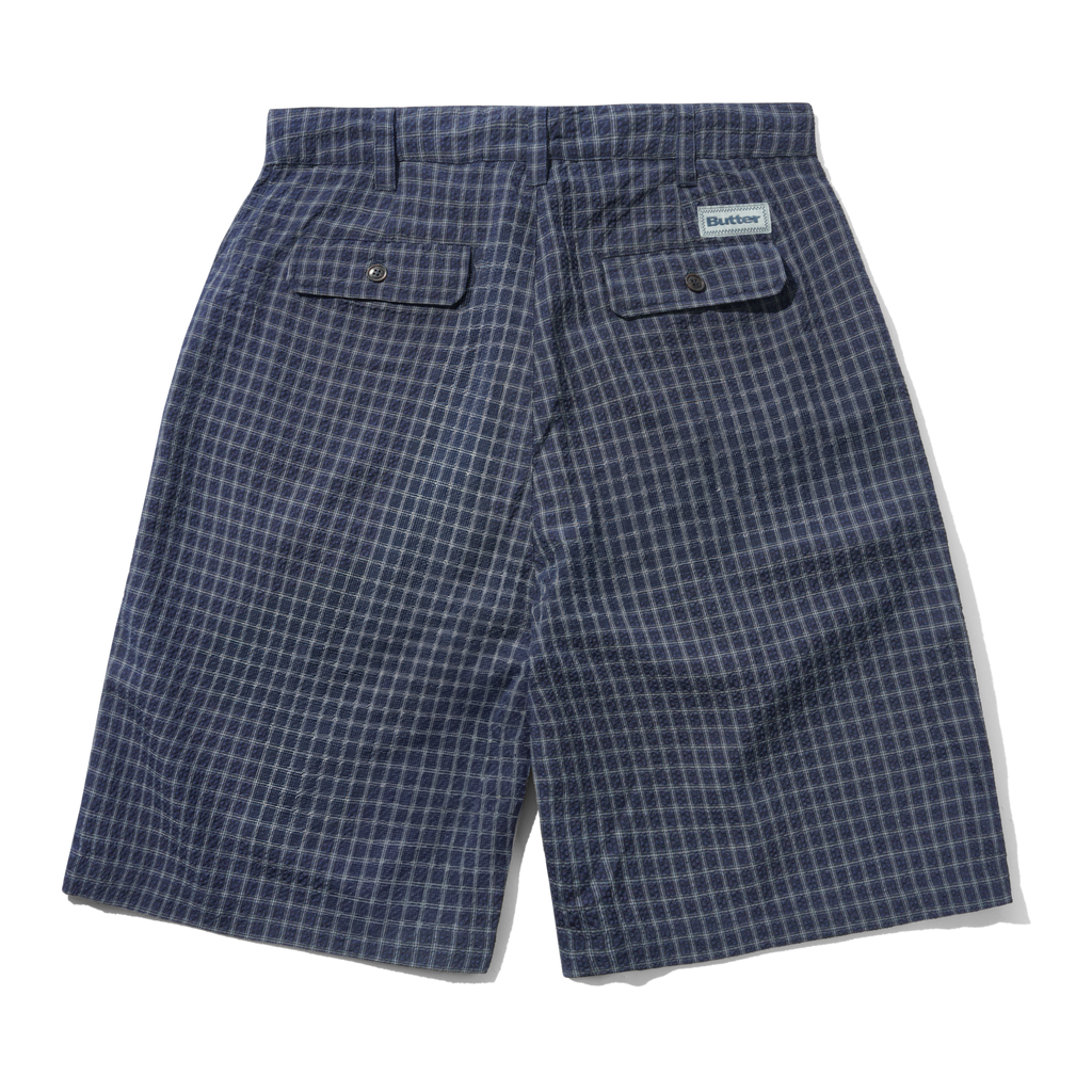 Seersucker Pleated Shorts - Navy Plaid