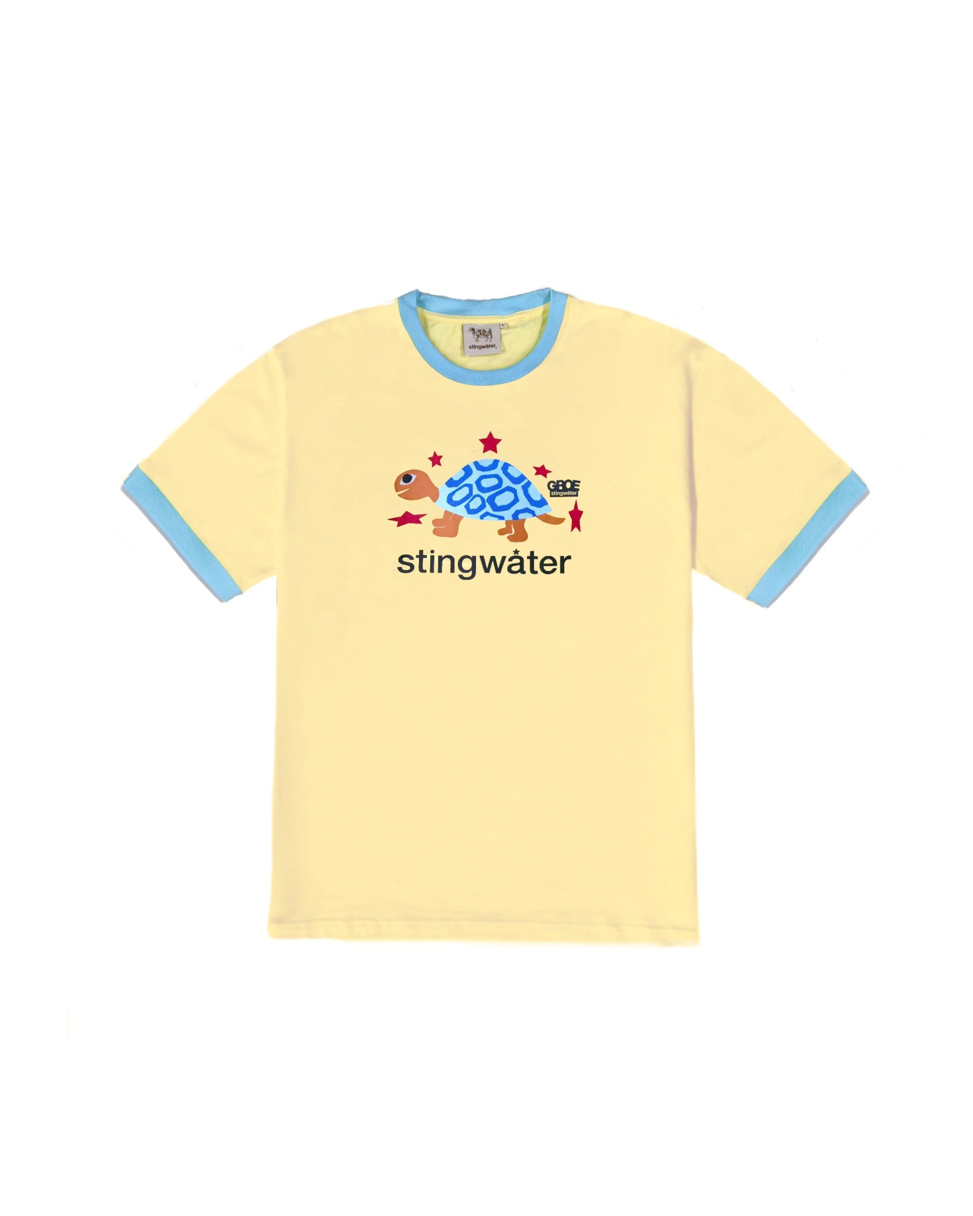 Yellow t-shirt with blue trim featuring a graphic design and 'stingwater' text on a white background