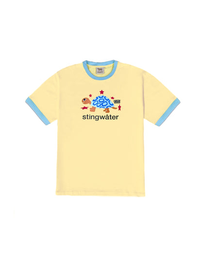 Yellow t-shirt with blue trim featuring a graphic design and 'stingwater' text on a white background