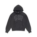 A dark gray washed Stussy hoodie with a faded gray 'STUSSY SPORT' logo printed across the chest, displayed on a clean white background.