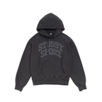 A dark gray washed Stussy hoodie with a faded gray 'STUSSY SPORT' logo printed across the chest, displayed on a clean white background.