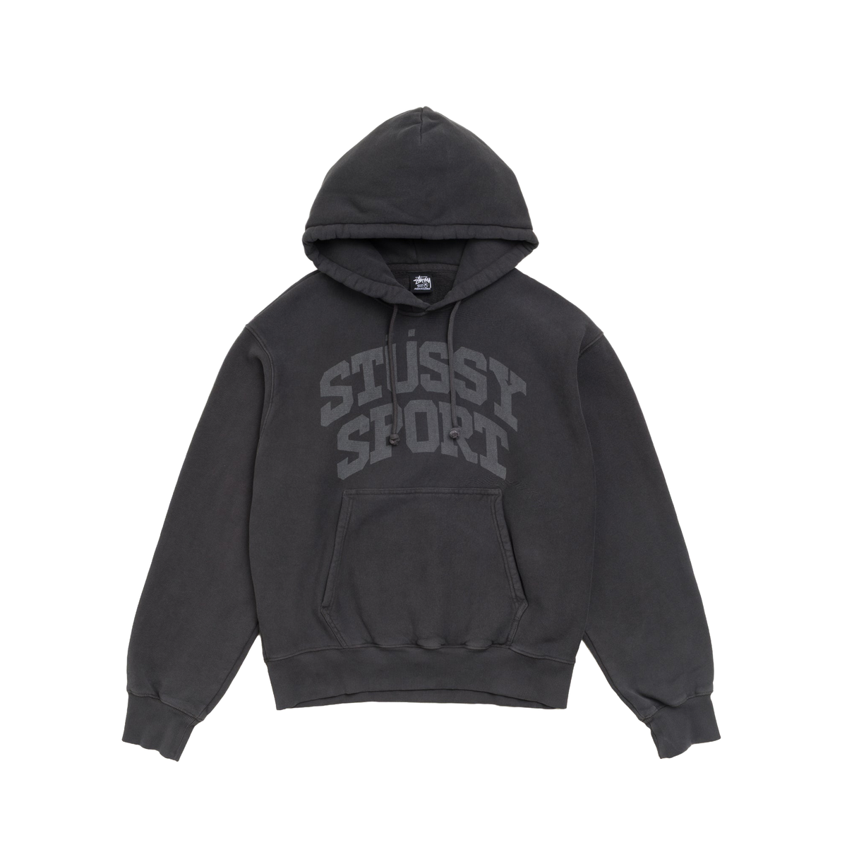 A dark gray washed Stussy hoodie with a faded gray 'STUSSY SPORT' logo printed across the chest, displayed on a clean white background.