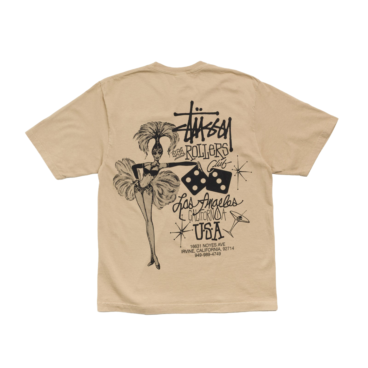 A beige Stussy short-sleeve t-shirt showing the back graphic print, which features a black illustration of a performer with a feathered hat, dice, and 'Los Angeles California USA' text.