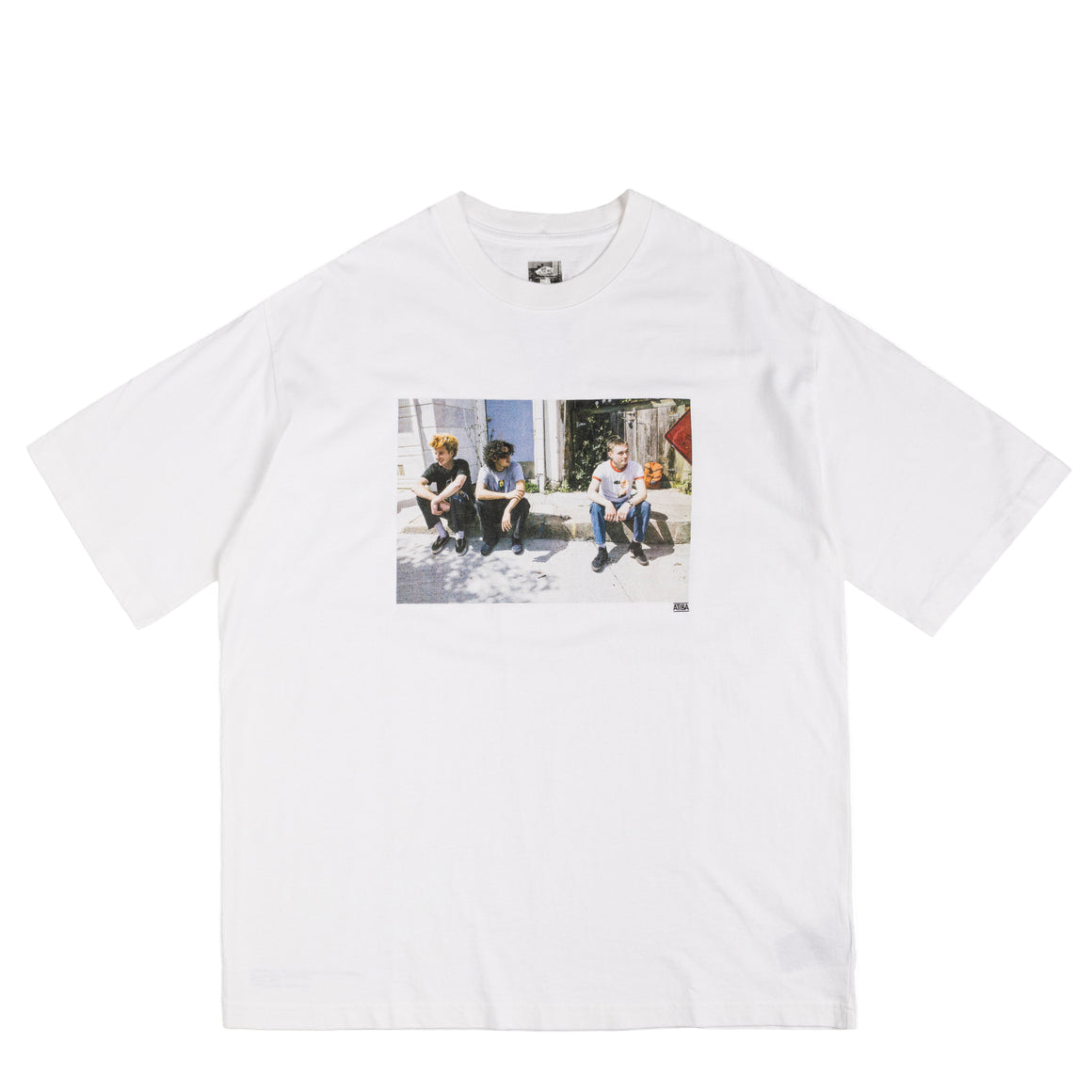 White t-shirt with a graphic of 3 people on a white background