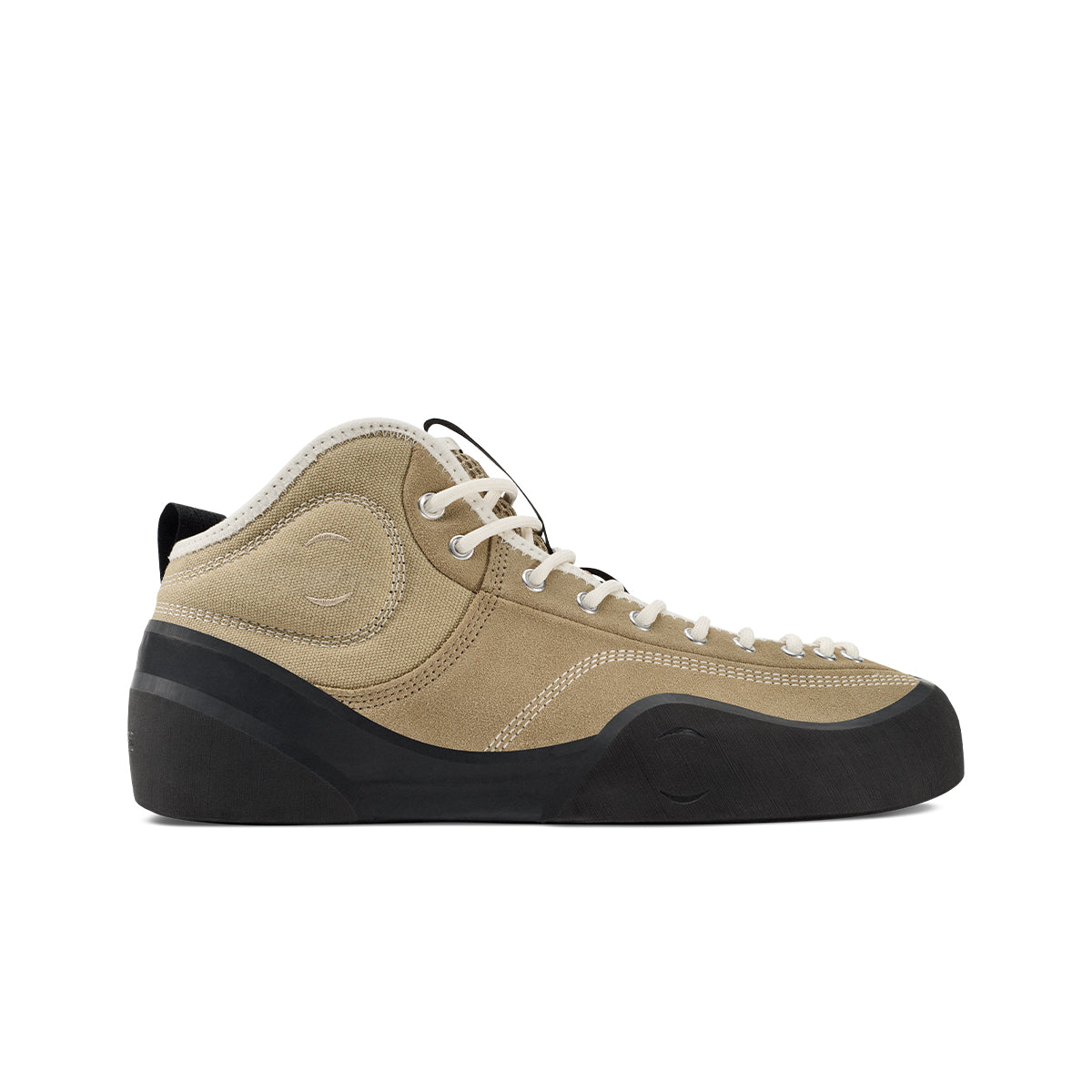Tan high-top sneaker with black sole on a white background