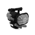 A plush toy shaped like a vintage television camera, featuring black and gray fabric with a cracked screen design and a small white rectangular detail on the lower front, set against a plain white background.