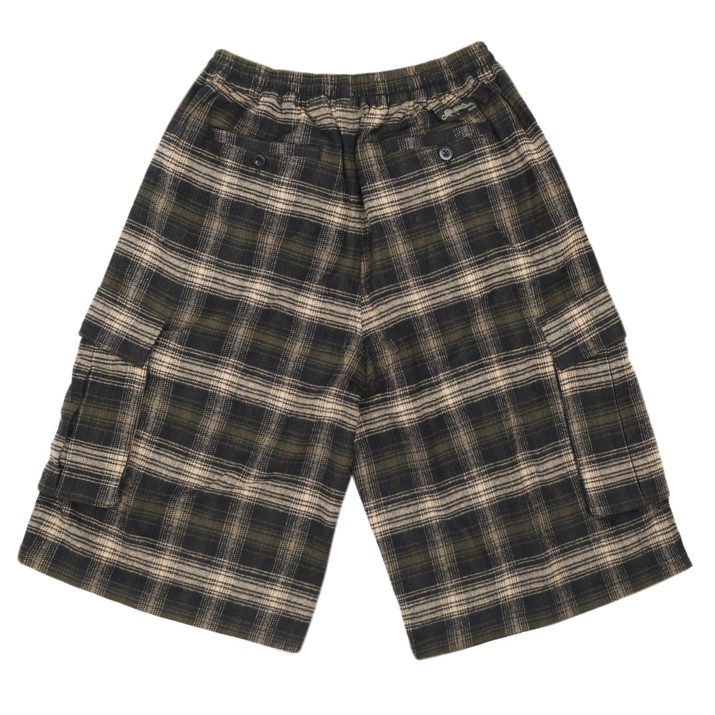 Yardsale Shoreline plaid shorts brown back view – UK skateboarding cargo shorts