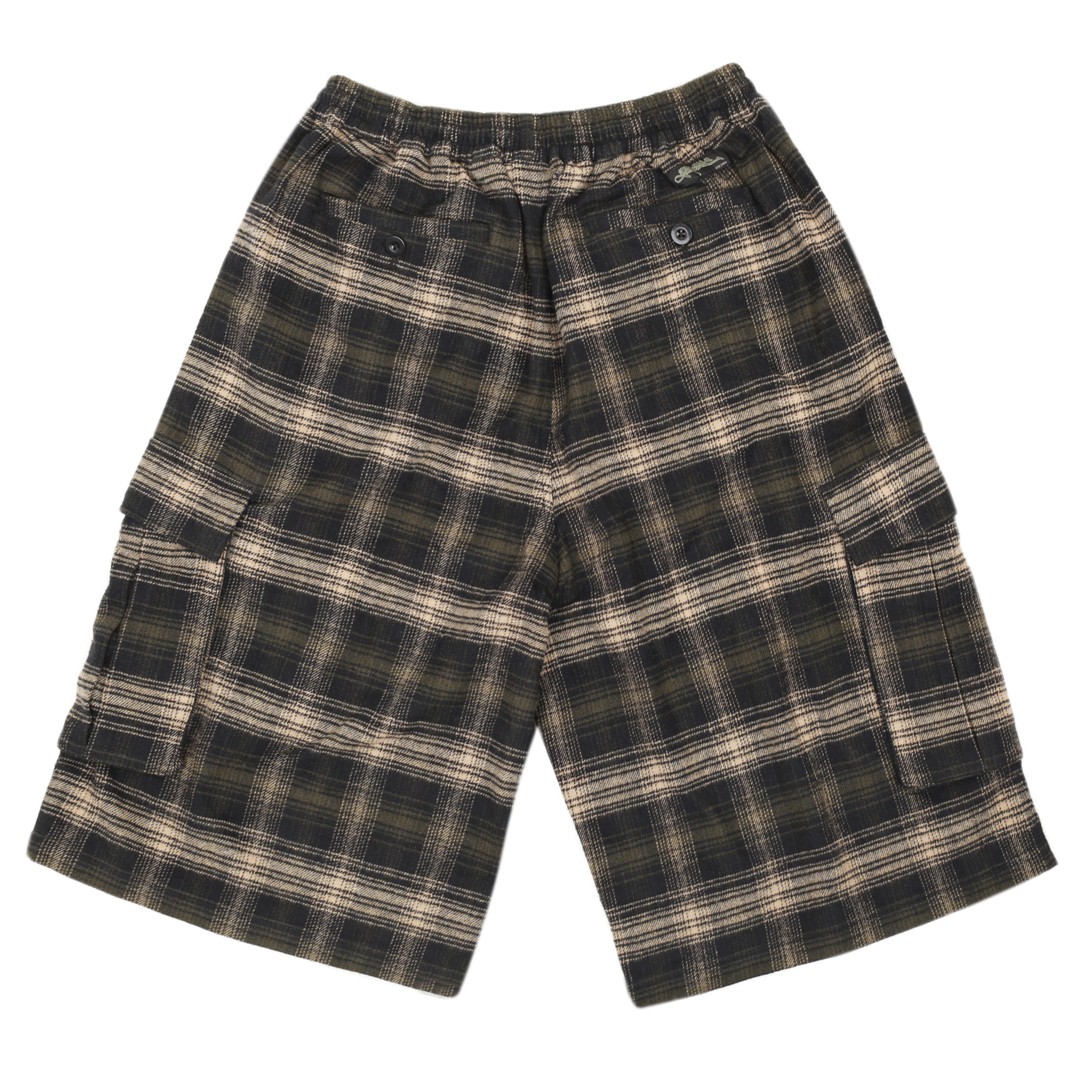Yardsale Shoreline plaid shorts brown back view – UK skateboarding cargo shorts