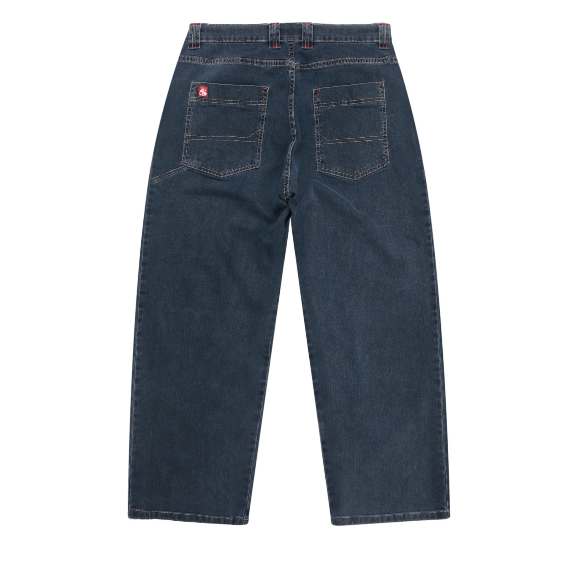 Back view of dark blue jeans on a white background