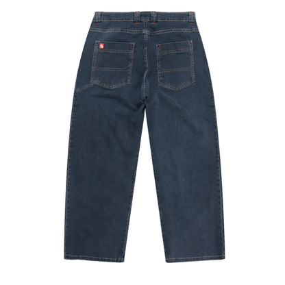 Back view of dark blue jeans on a white background