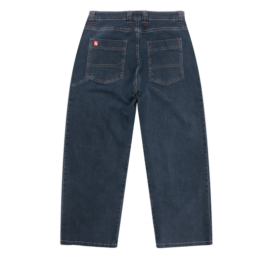 Back view of dark blue jeans on a white background