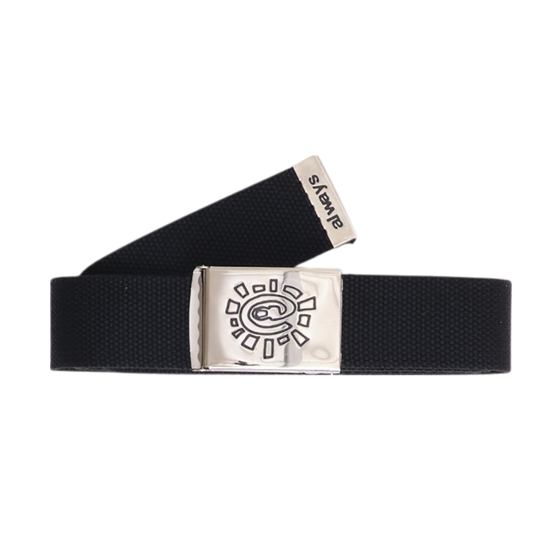 Black belt with a silver buckle on a white background