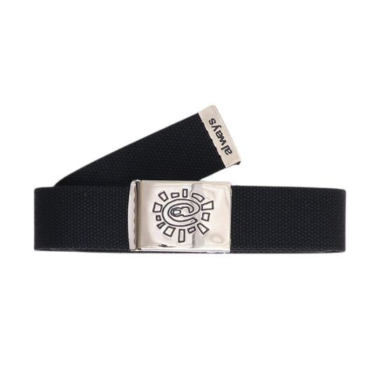 Black belt with a silver buckle on a white background