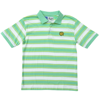 Green and white striped polo shirt with a logo on a white background