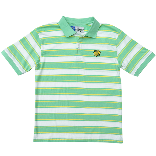 Green and white striped polo shirt with a logo on a white background