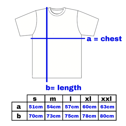 Diagram of a t-shirt with measurements for chest (a) and length (b), and a size chart below.