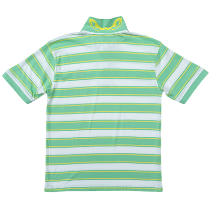 Green and white striped polo shirt on a white background