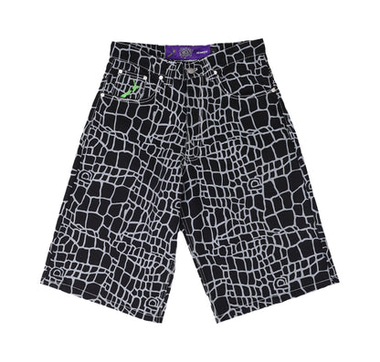 Croc Print Denim Shorts - Black
