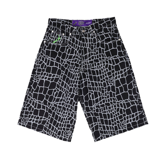 Croc Print Denim Shorts - Black