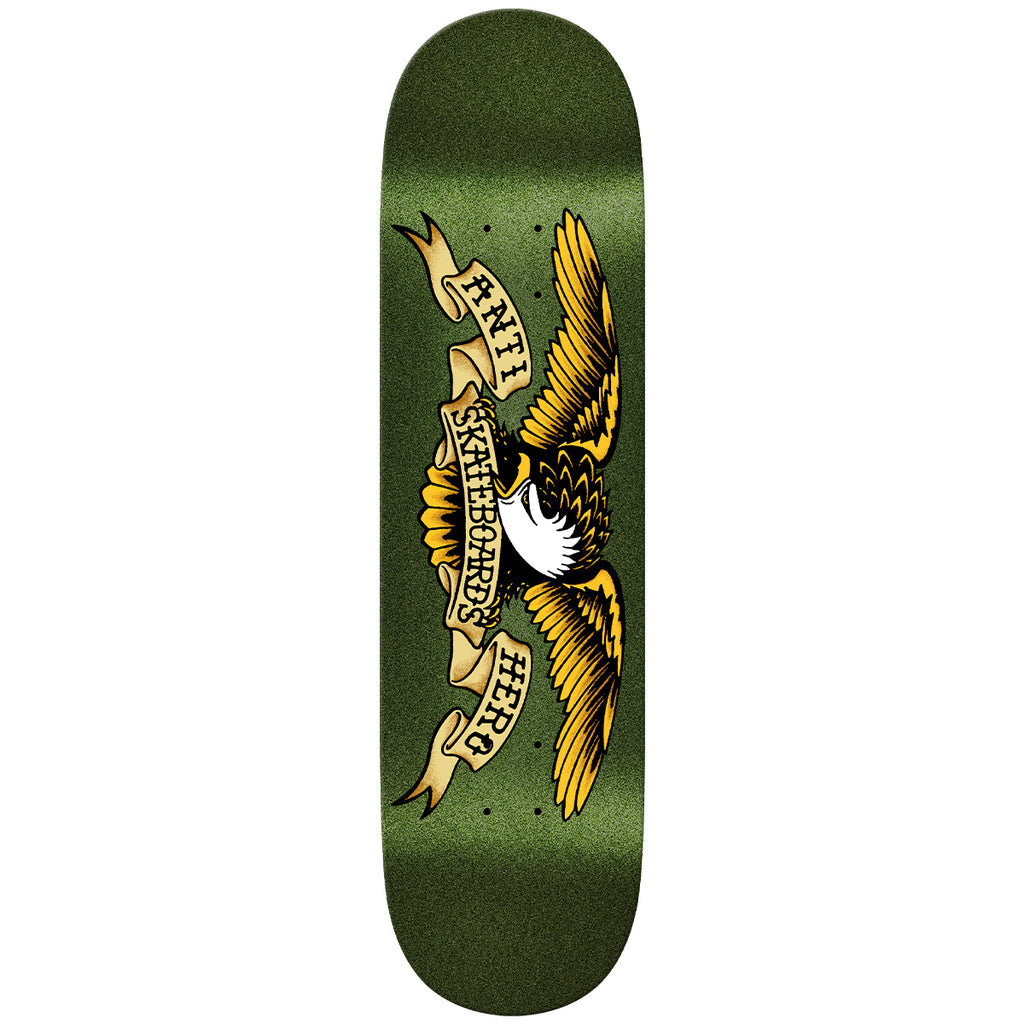 Skateboard deck with eagle design and text on a green background