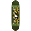 Skateboard deck with eagle design and text on a green background