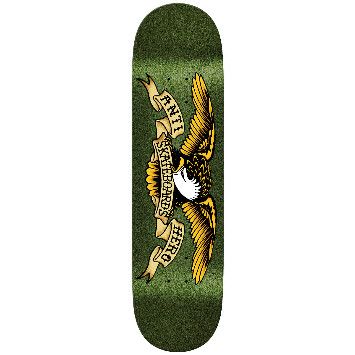 Skateboard deck with eagle design and text on a green background