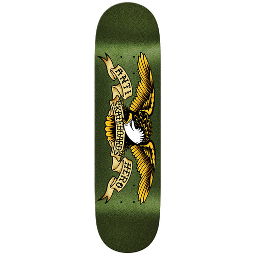 Skateboard deck with eagle design and text on a green background