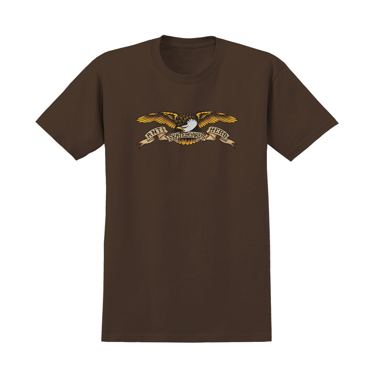 Brown t-shirt with an eagle emblem and text on a white background