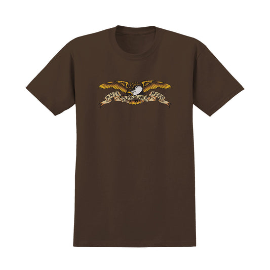 Brown t-shirt with an eagle emblem and text on a white background