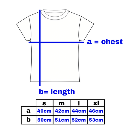 Diagram of a t-shirt with labeled chest (a) and length (b) measurements, along with a size chart.