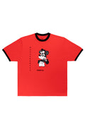 Red t-shirt with black trim featuring a cartoon character on a white background