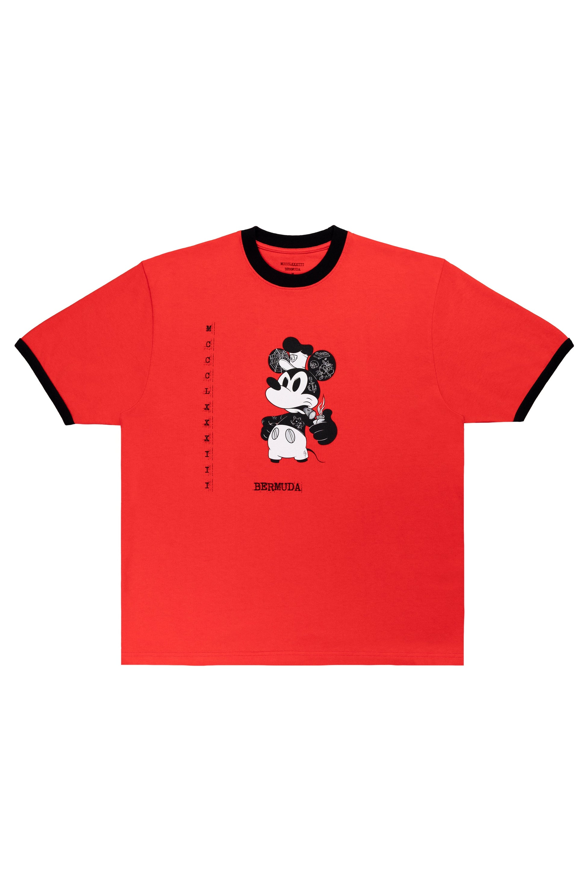 Red t-shirt with black trim featuring a cartoon character on a white background