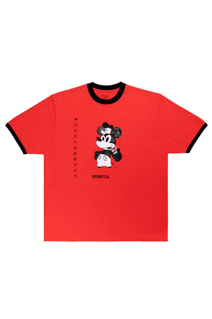 Red t-shirt with black trim featuring a cartoon character on a white background