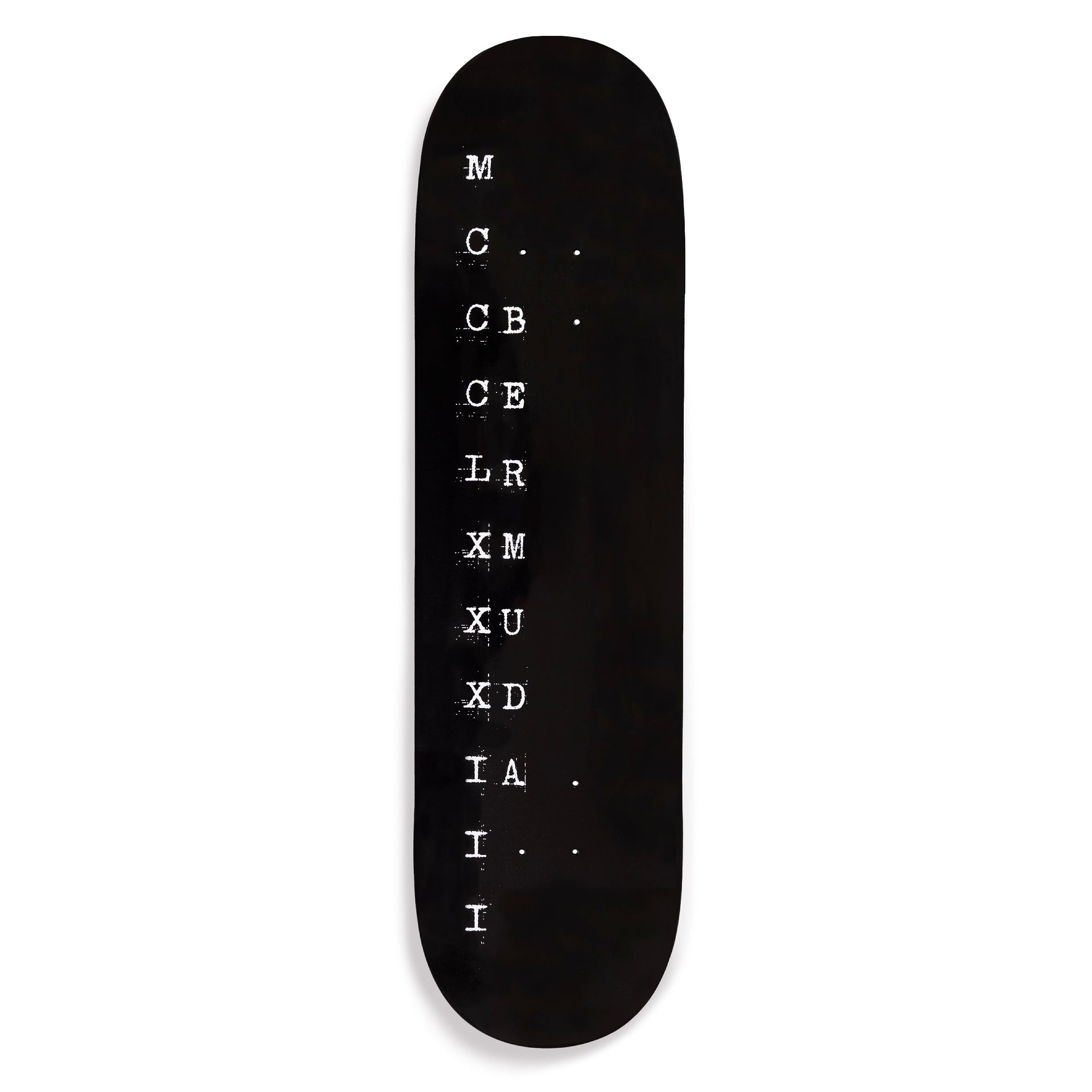 Black skateboard deck with Roman numeral design on a white background