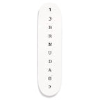 White skateboard deck with black text on a white background