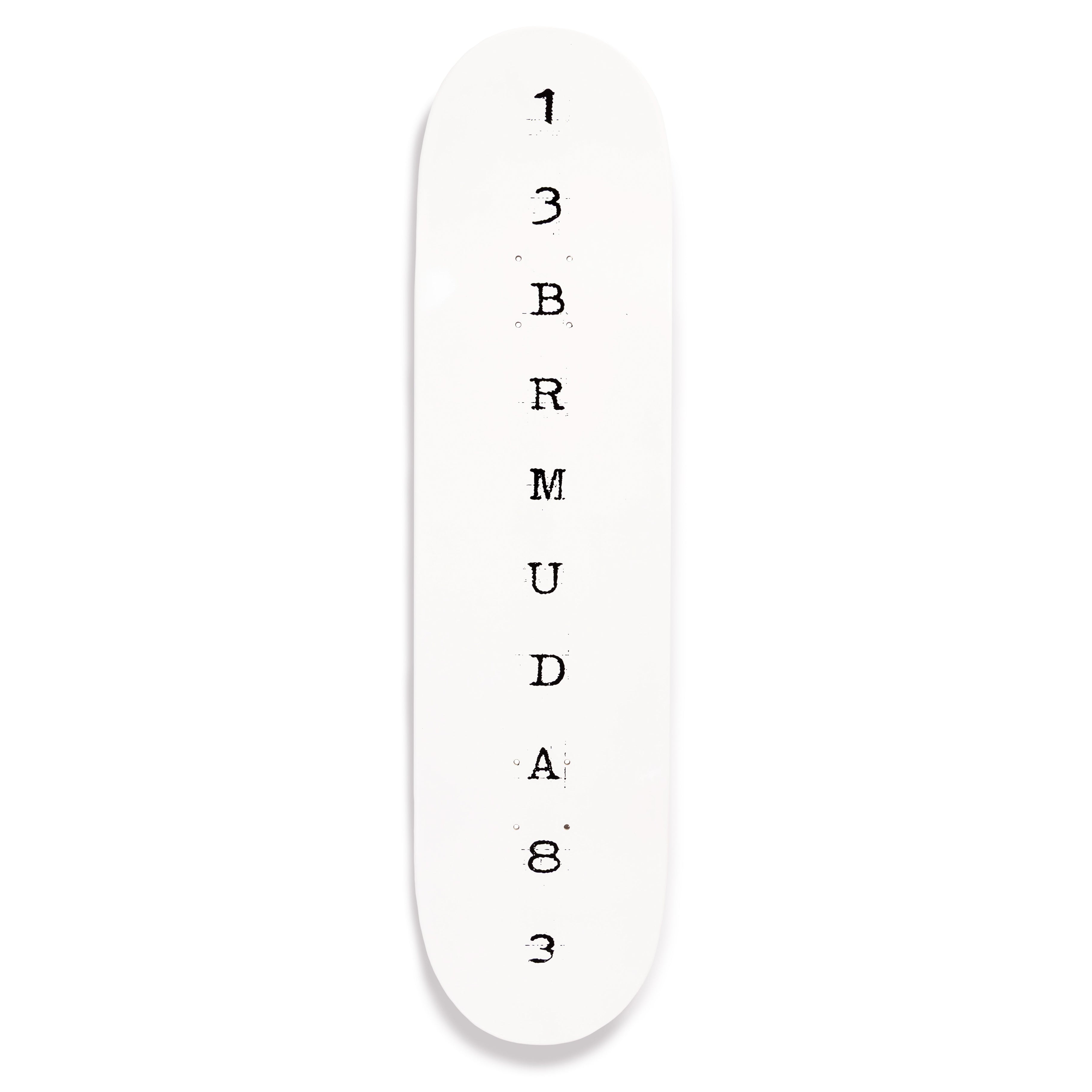 White skateboard deck with black text on a white background