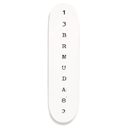 White skateboard deck with black text on a white background