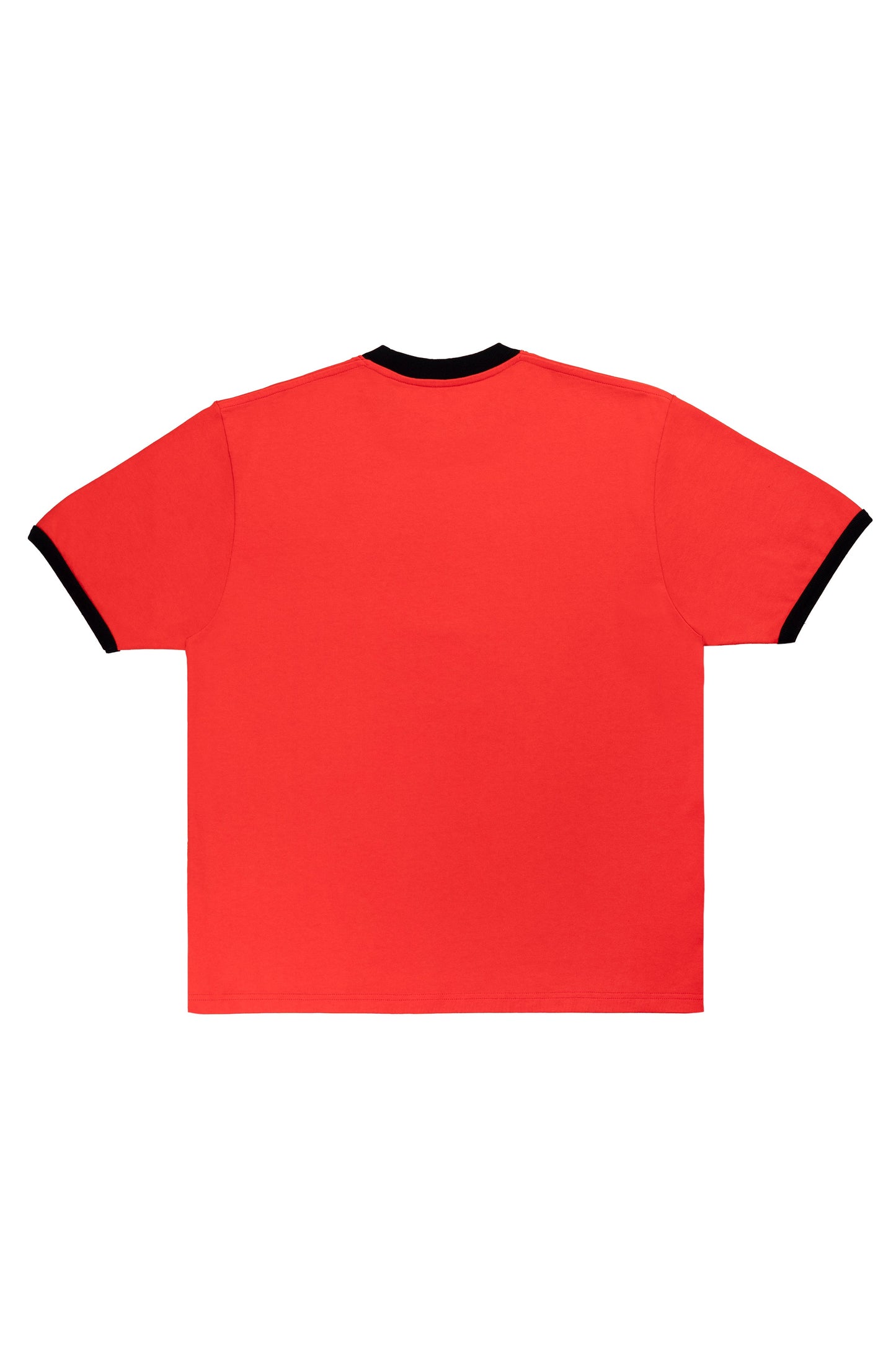 Red t-shirt with black trim on a white background