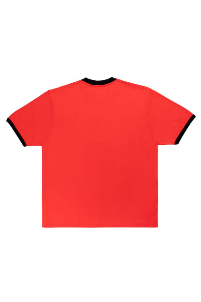Red t-shirt with black trim on a white background
