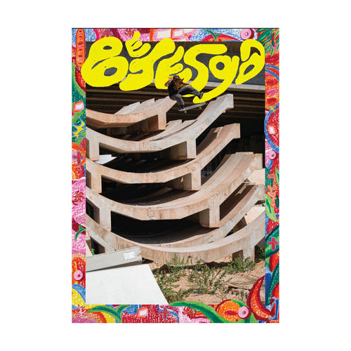 A colorful art print or poster featuring a photograph of a skateboarder riding a curved concrete structure, framed by a vibrant, patterned border with stylized yellow text at the top.