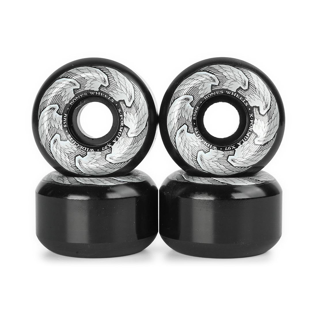 Two skateboard wheels with black and silver design on a white background