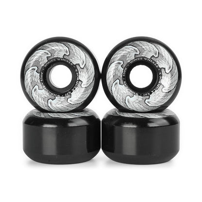 Two skateboard wheels with black and silver design on a white background